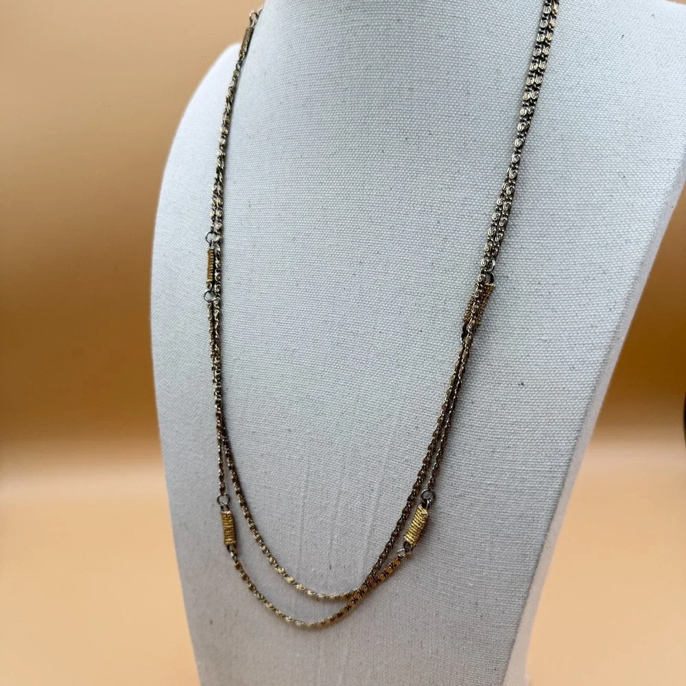 Two Tone Silver & Gold Tone Double Strand Byzantine Chain Necklace Statement